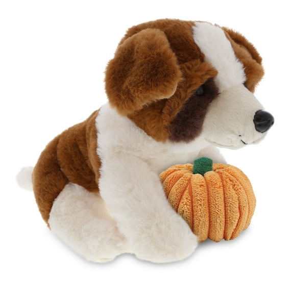 DolliBu Super Soft St. Bernard Dog Stuffed Animal with Pumpkin Decor - Pumpkin Plush Animal for Fall, Halloween and Thanksgiving, Pumpkin Toy for Baby, Kids, Adults - 8 Inches