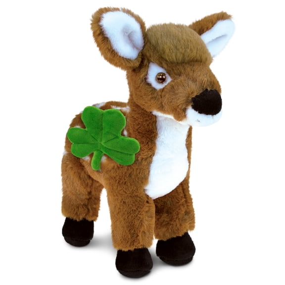 DolliBu Super Soft Standing Deer Stuffed Animal with Green Plush Shamrock, Cute Green Shamrock Plush, Fun St Patricks Day Stuffed Animal Deer, Good Luck St Patricks Day Toys for Kids, Baby - 12.5 Inch