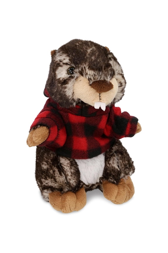 Super Soft Standing Marmot Stuffed Animal with Plaid Red Hoodie Sweater - Cute Marmot Plush Lumberjack Stuffed Toy with Plaid Jacket Dress Up for Christmas, Holiday - 8.5 Inches