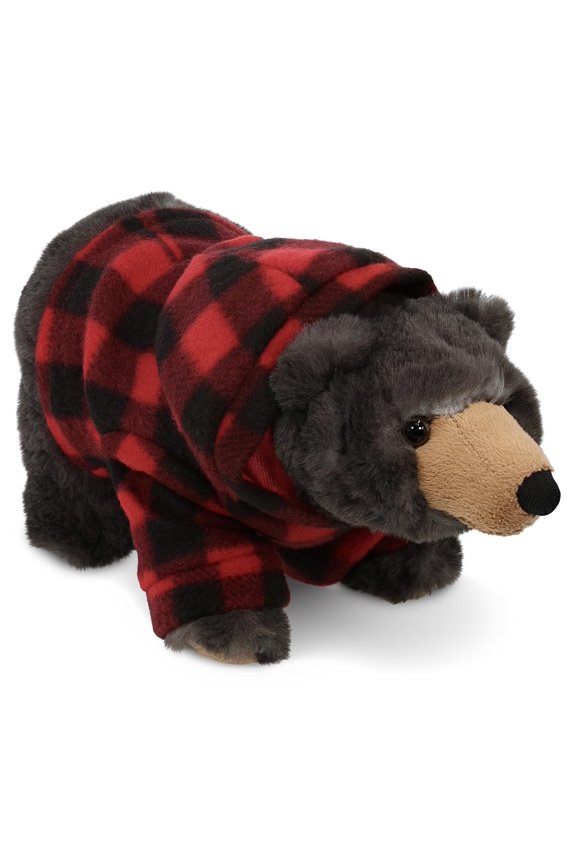 Super Soft Standing Wild Black Bear Stuffed Animal with Plaid Red Hoodie Sweater - Cute Bear Plush Lumberjack Stuffed Toy with Plaid Jacket Dress Up for Christmas, Holiday, Winter - 11 Inches