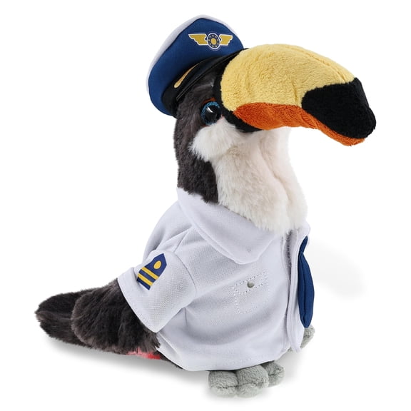 DolliBu Super Soft Toucan Stuffed Animal with Pilot Costume - Cute Tropical Animal Toucan Bird Plush Toy with Airplane Aviation Uniform Dress Up Set - 8 Inches