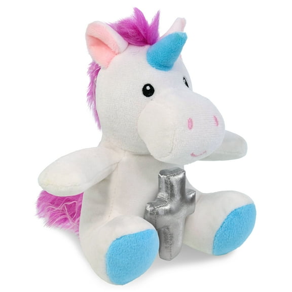 DolliBu Super Soft Unicorn Stuffed Animal with Silver Cross Plush - Religious Baptism Gifts for Boys and Girls, Dedication Christening Gifts Plush Prayer Toy Healing Stuffed Animal - 6 Inches