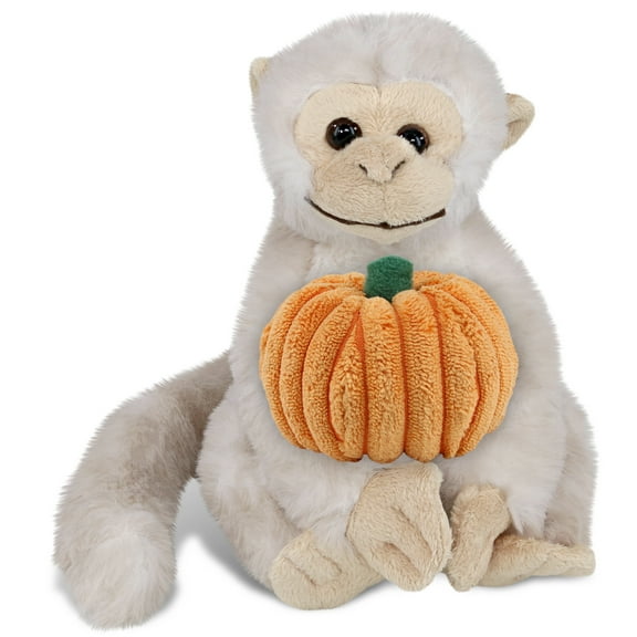 DolliBu Super Soft White Squirrel Monkey Stuffed Animal with Pumpkin Decor - Pumpkin Plush Animal for Fall, Halloween and Thanksgiving, Pumpkin Toy for Baby, Kids, Adults - 12.5 Inches