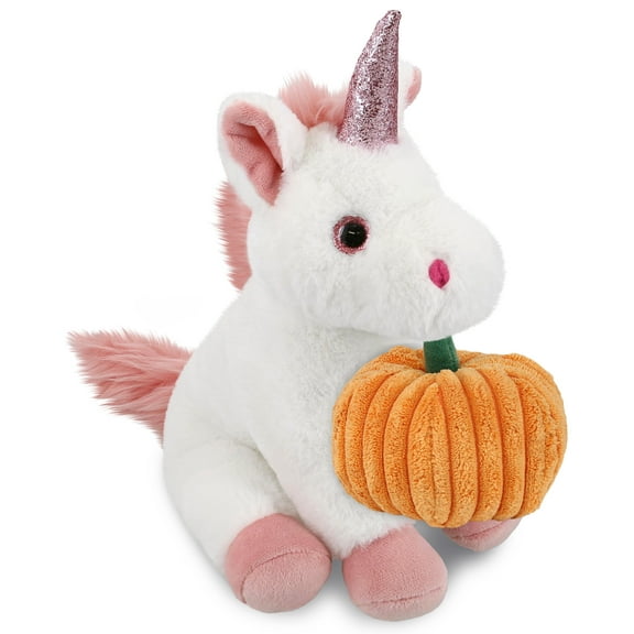 DolliBu Super Soft White Unicorn Stuffed Animal with Cute Pumpkin Decor Cute Pumpkin Plush Unicorn Animal for Fall, Halloween and Thanksgiving, Pumpkin Toy for Baby, Kids, Adults 9 Inches