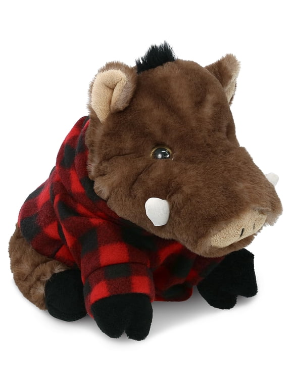 Super Soft Wild Boar Stuffed Animal with Plaid Red Hoodie Sweater - Cute Wild Boar Plush Lumberjack Stuffed Toy with Plaid Jacket Dress Up for Christmas, Holiday, Winter - 9.5 Inches