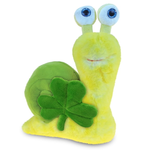 DolliBu Super Soft Yellow Snail Stuffed Animal with Green Plush Shamrock, Cute Green Shamrock Plush, Fun St Patricks Day Stuffed Animal Snail, Good Luck St Patricks Day Toys for Kids, Baby - 7 Inches