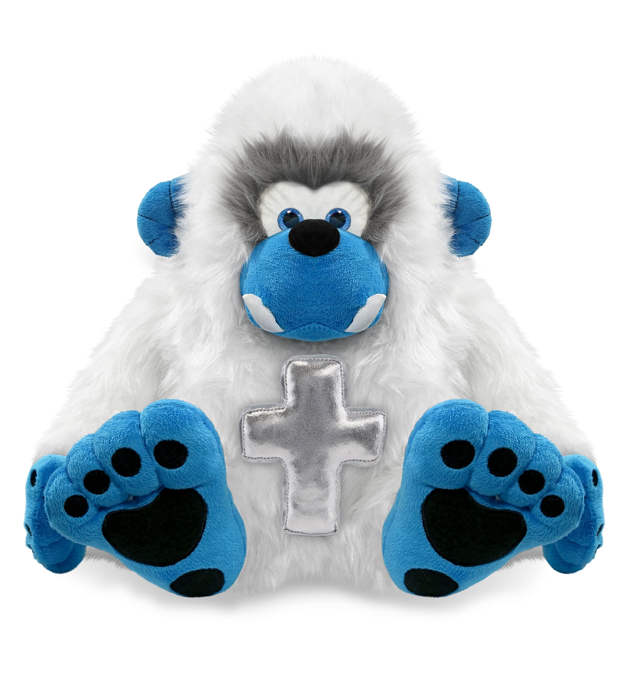 DolliBu Super Soft Yeti Stuffed Animal with Silver Cross Plush - Religious Baptism Gifts for Boys and Girls, Dedication Christening Gifts Plush Prayer Toy Healing Stuffed Animal - 12 Inches