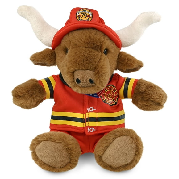 DolliBu Texas Longhorn Firefighter Stuffed Animal - Super Soft Fireman Toy with Red Fireman Costume Outfit and Fireman Hat, Cute Wild Life Stuffed Animal Fire Fighter Doll Plush Toy for Kids - 9 Inch