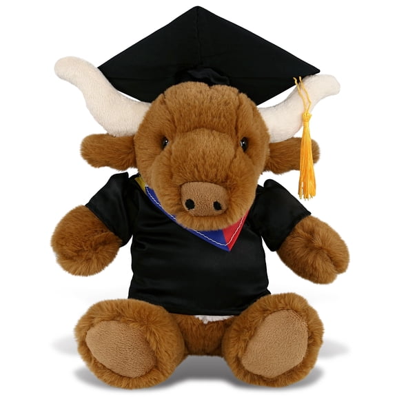 DolliBu Texas Longhorn Graduation Plush Toy - Super Soft Plush Graduation Stuffed Animal Dress Up with Gown and Cap with Tassel Outfit - Congratulatory Graduation Gift - 9 Inches
