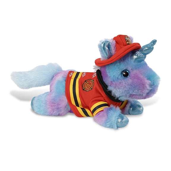DolliBu Unicorn Firefighter Stuffed Animal - Cotton Candy Friday Blue Unicorn Fireman Toy with Red Fireman Costume Outfit and Fireman Hat, Stuffed Fire Fighter Doll Plush Toy for Kids - 10.5 Inch