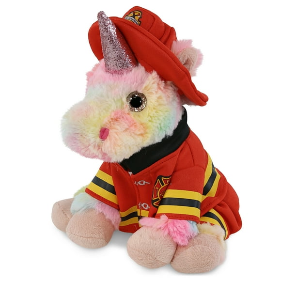 DolliBu Unicorn Firefighter Stuffed Animal - Super Soft Rainbow Unicorn Fireman Toy with Red Fireman Costume Outfit and Fireman Hat, Cute Fantasy Stuffed Fire Fighter Doll Plush Toy for Kids - 9 Inch