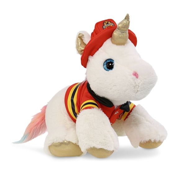DolliBu Unicorn Firefighter Stuffed Animal - White and Gold Unicorn Fireman Toy with Red Fireman Costume Outfit and Fireman Hat, Cute Stuffed Animal Fire Fighter Doll Plush Toy for Kids - 14 Inch