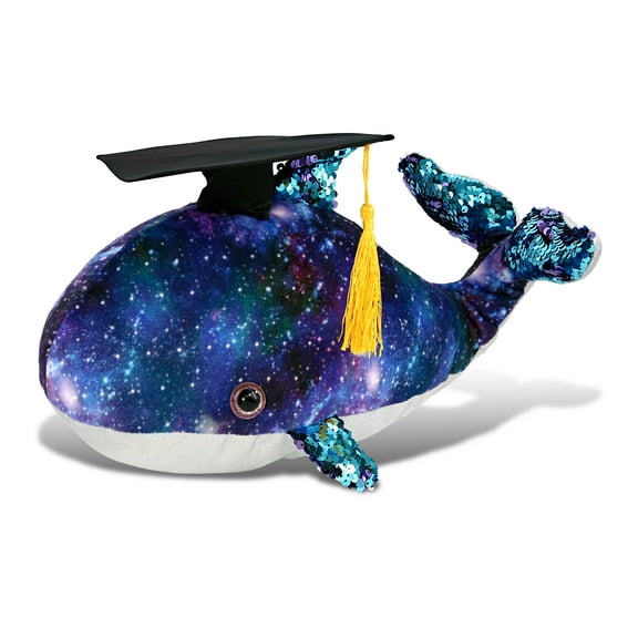 DolliBu Whale Space Sequin Graduation Plush Toy - Soft Plush Graduation Stuffed Animal Dress Up with a Graduation Cap with Tassel Outfit - Graduation Gift - 13 Inch