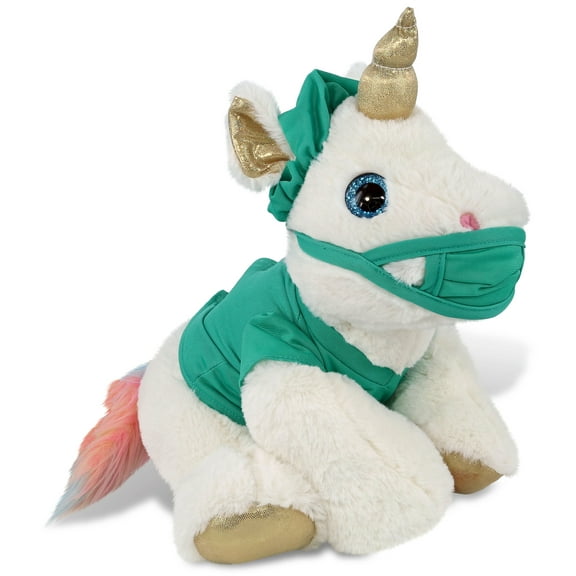 DolliBu White and Gold Unicorn Doctor Plush Toy - Super Soft Unicorn Doctor Stuffed Animal Dress Up with Scrub Uniform and Cap Outfit - Fluffy Doctor Toy Plush Gift - 14 Inches