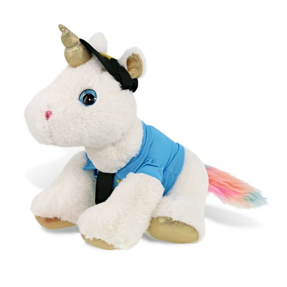 DolliBu White and Gold Unicorn Police Officer Super Soft Plush Toy - Soft White and Gold Unicorn Cop Stuffed Animal Dress Up with Cute Cop Uniform and Cap Outfit - Police Plush Gift - 14 Inch