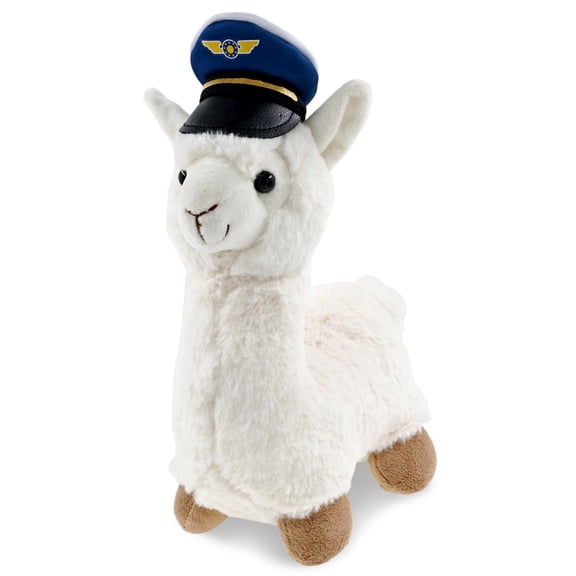 DolliBu White Llama Stuffed Animal with Pilot Cap - Cute Farm Animal Plush Toy with Airplane Aviation Uniform Dress Up Hat - 10 Inches