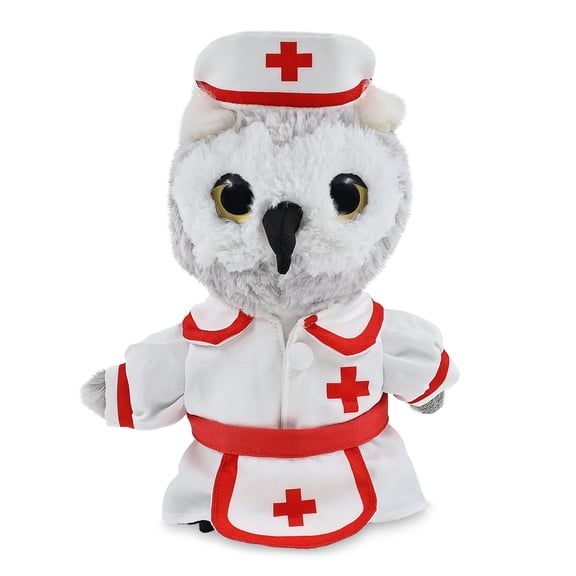 DolliBu White Owl Plush with Nurse Stuffed Animal Dress Up Set - Hospital Costume Owl Stuffed Toy with Nurse Dress, Hat, and Apron, Get Well Plush for Kids and Adults - 8.5 Inches