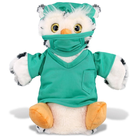 DolliBu White Owl Super Soft Plush Hand Puppet Doctor Toy - Super Soft Owl Doctor Stuffed Animal Dress with Scrub Uniform and Cap Outfit - Fluffy Doctor Toy Plush - 9.5 Inch