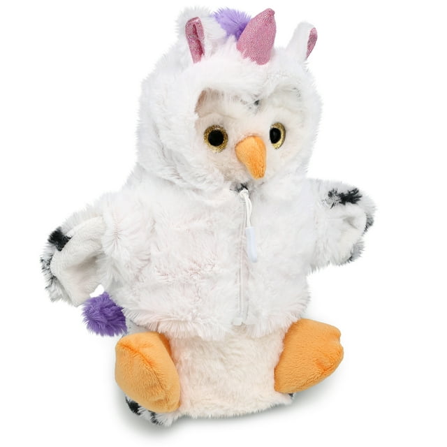 DolliBu White Owl Unicorn Plush Stuffed Animal Hand Puppet Toy - Super Soft Owlcorn Dress Up with Removable Plush Unicorn Outfit, Cute Fantasy Wildlife Gift - 9.5 Inches