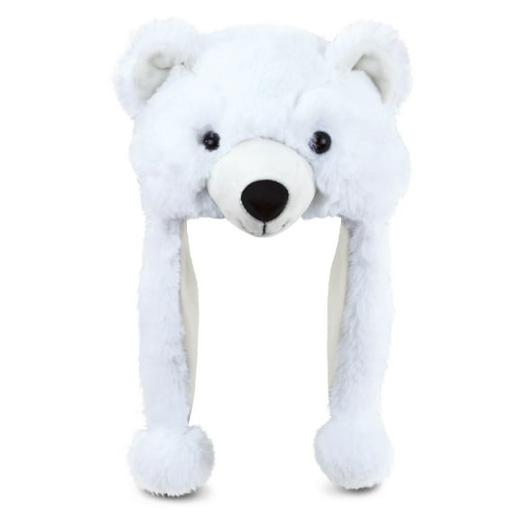 DolliBu White Polar Bear Plush Hat - Cute Polar Bear Animal Winter Hat for Kids and Adults, Bear Beanie Hat with Ear Flaps, Fun Fluffy Winter Hat with Cozy Fleece, Warm Stuffed Animal Hat - One Size