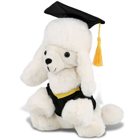 DolliBu White Poodle Dog Graduation Plush Toy - Soft Plush Graduation Stuffed Animal Dress Up with Gown and Cap with Tassel Outfit - Congratulatory Graduation Gift - 8.5 Inch