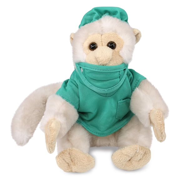 DolliBu White Squirrel Monkey Doctor Plush Toy - Super Soft Squirrel Monkey Doctor Stuffed Animal Dress Up with Scrub Uniform and Cap Outfit - Fluffy Doctor Toy Plush Gift- 12.5 Inch