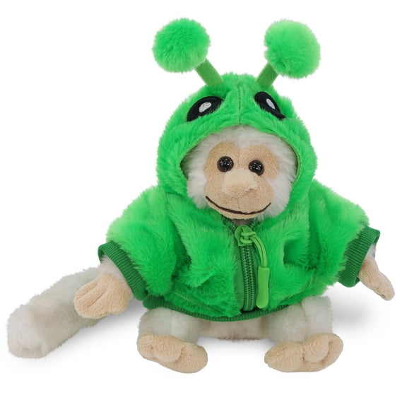 DolliBu White Squirrel Monkey Plush with Green Alien Hoodie Jacket - Toy with Space Themed Hoodie Costume, Plush with Alien Jacket - 12.5 Inches