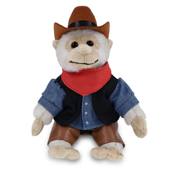 DolliBu White Squirrel Monkey Stuffed Animal Cowboy Plush - Western-Themed Monkey Plush with Cute Cowboy Costume Denim Shirt Vest, Bandana, Leather Pants, and Hat - 12.5 Inches