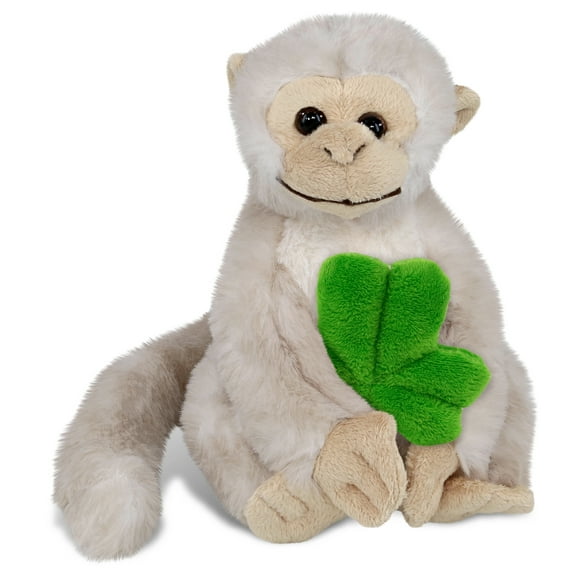 DolliBu White Squirrel Monkey Stuffed Animal with Green Plush Shamrock, Cute Green Shamrock Plush, Fun St Patricks Day Stuffed Animal Monkey, Good Luck St Patricks Day Toys for Kids, Baby - 12.5 Inch