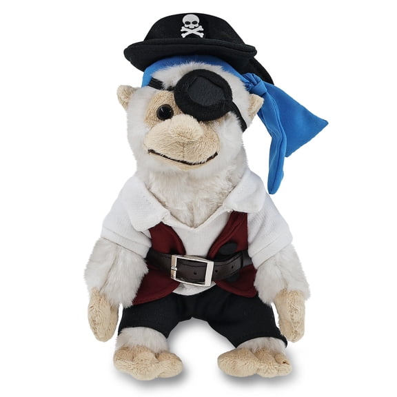 DolliBu White Squirrel Monkey Stuffed Animal with Pirate Dress Up Set - Sea Adventure Plush Toy Stuffed Monkey with Cute Pirate Costume - Hat, Shirt, Pants, Eye Patch, Belt - 12.5 Inches