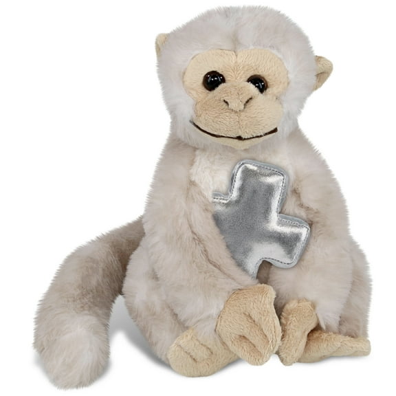 DolliBu White Squirrel Monkey Stuffed Animal with Silver Cross Plush Religious Baby Baptism Gifts for Boys and Girls, Dedication Christening Gifts Plush Prayer Toy - 12.5 Inches