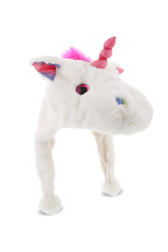 White Unicorn Plush Hat - Super Soft Warm Hat with Ear Flaps, Funny Plush Party Crazy Hat, Stuffed Animal Horse Halloween Costume Toy Hat, Cozy Fleece Winter Hat for Kids & Teens - One Size