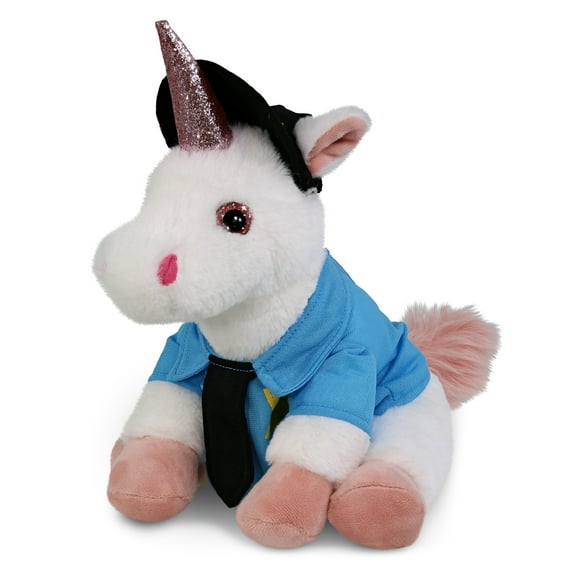 DolliBu White Unicorn Police Officer Plush Toy Super Soft Unicorn Cop Stuffed Animal Dress Up Cop Uniform and Cap Outfit, Fluffy Unicorn Policeman Toy Plush Gift for Kids 9 Inches