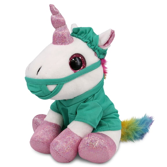 DolliBu White Unicorn Sparkle Eyes Doctor Plush Toy - Super Soft Unicorn Doctor Stuffed Animal Dress Up with Scrub Uniform and Cap Outfit - Fluffy Doctor Toy Plush Gift - 8 Inch