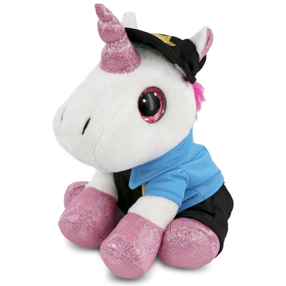 DolliBu White Unicorn Sparkle Eyes Police Officer Plush Toy - Super Soft Unicorn Cop Stuffed Animal with Cop Uniform and Cap Outfit - Fluffy Policeman Toy Plush Gift - 8 Inch