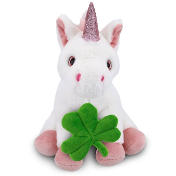 DolliBu White Unicorn Stuffed Animal with Green Plush Shamrock, Cute Green Shamrock Plush, Fun St Patricks Day Stuffed Animal Unicorn, Good Luck St Patricks Day Toys for Kids, Baby - 9 Inches