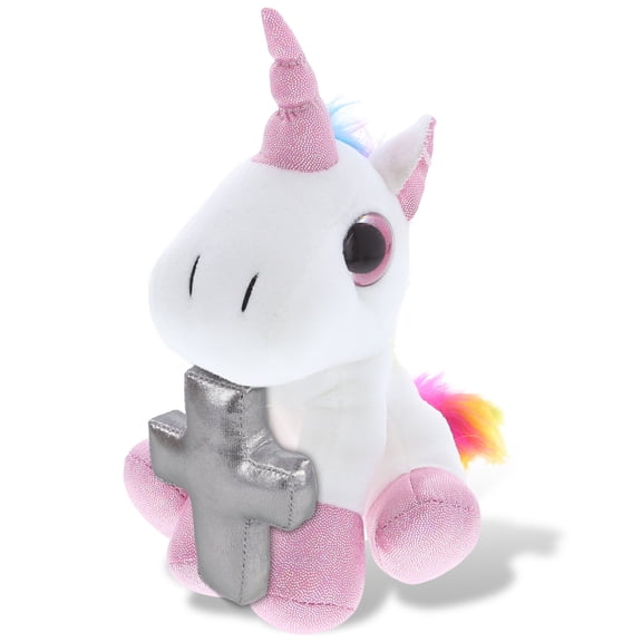 DolliBu White Unicorn Stuffed Animal with Silver Cross Plush - Religious Baby Baptism Gifts for Boys and Girls, Cute Baby Dedication Christening Gifts Plush Prayer Toy Healing Teddy Bear - 8 Inches