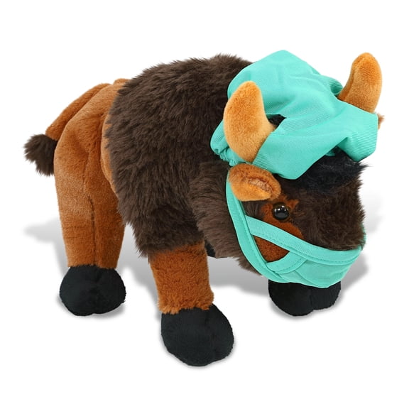 DolliBu Wild Buffalo Doctor Plush Toy - Super Soft Buffalo Doctor Stuffed Animal Dress Up with Cute Scrub Cap and Face Mask Outfit - Fluffy Doctor Toy Plush Gift - 9.5 Inch