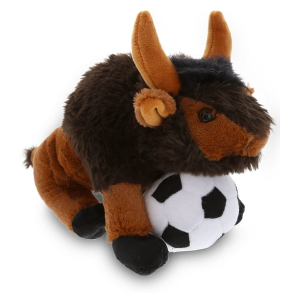 DolliBu Wild Buffalo Stuffed Animal with Soccer Ball Plush - Soft Huggable Buffalo, Adorable Playtime Bison Plush Toy, Cute Wildlife Gift, Soccer Plush Animal Toy for Kids and Adults - 9.5 Inch
