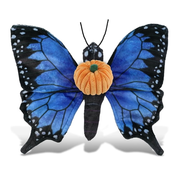 DolliBu Wild Collection Blue Butterfly Stuffed Animal with Pumpkin Plush Decor - Butterfly Plush Animal for Fall, Halloween and Thanksgiving, Pumpkin Toy for Baby, Kids, Adults - 12 Inches