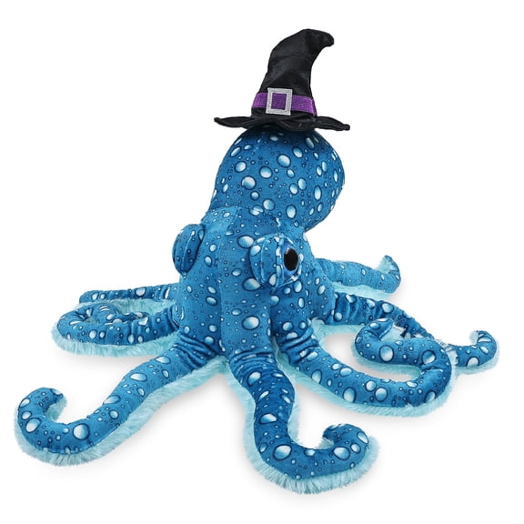 DolliBu Wild Collection Blue Octopus Stuffed Animal with Witch Costume - Cute Ocean Animal with Witch Hat Outfit - Spooky Halloween Plush Toy for Kids - 16 Inches