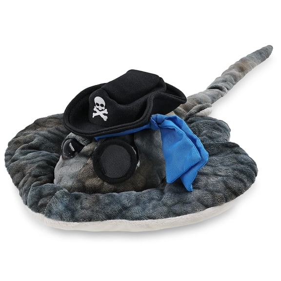 DolliBu Wild Collection Grey Stingray Stuffed Animal With Pirate Costume - Sea Adventure Animal Plush Toy Stuffed stingray With Cute Black Pirate Costume Hat - 18 Inches