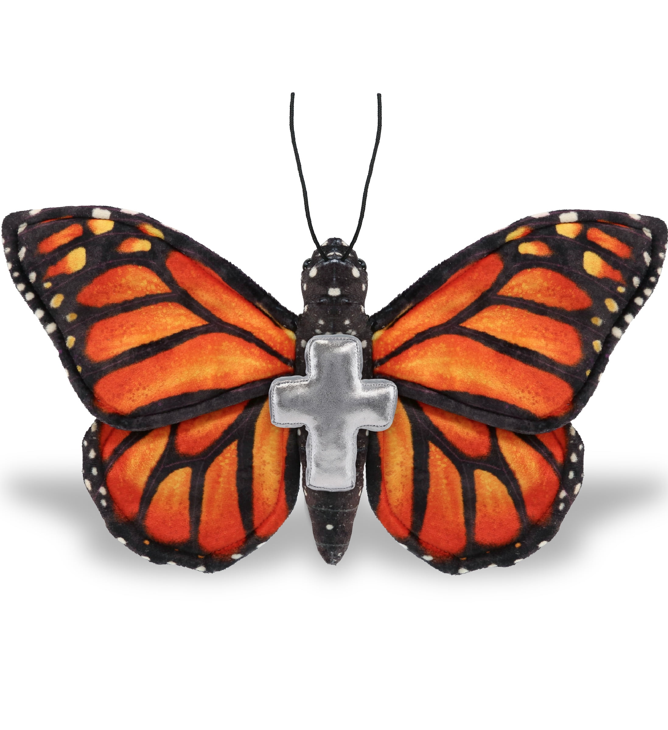 DolliBu Wild Collection Orange Butterfly Stuffed Animal with Silver Cross Plush - Baptism Gifts for Boys and Girls, Dedication Christening Gifts Plush Prayer Toy Healing Stuffed Animal - 12 Inches
