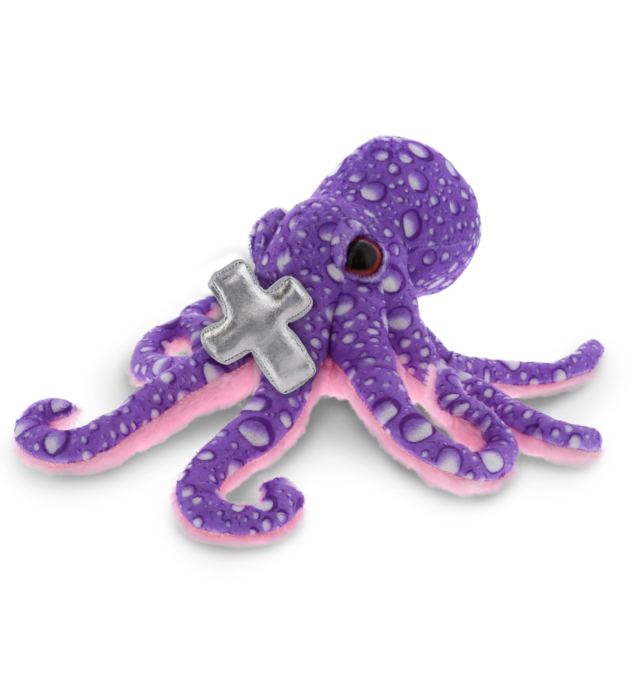 DolliBu Wild Collection Purple Octopus Stuffed Animal with Silver Cross Plush - Religious Baby Baptism Gift for Boys and Girls, Dedication Christening Plush Prayer Toy Healing Teddy Bear - 12 Inches