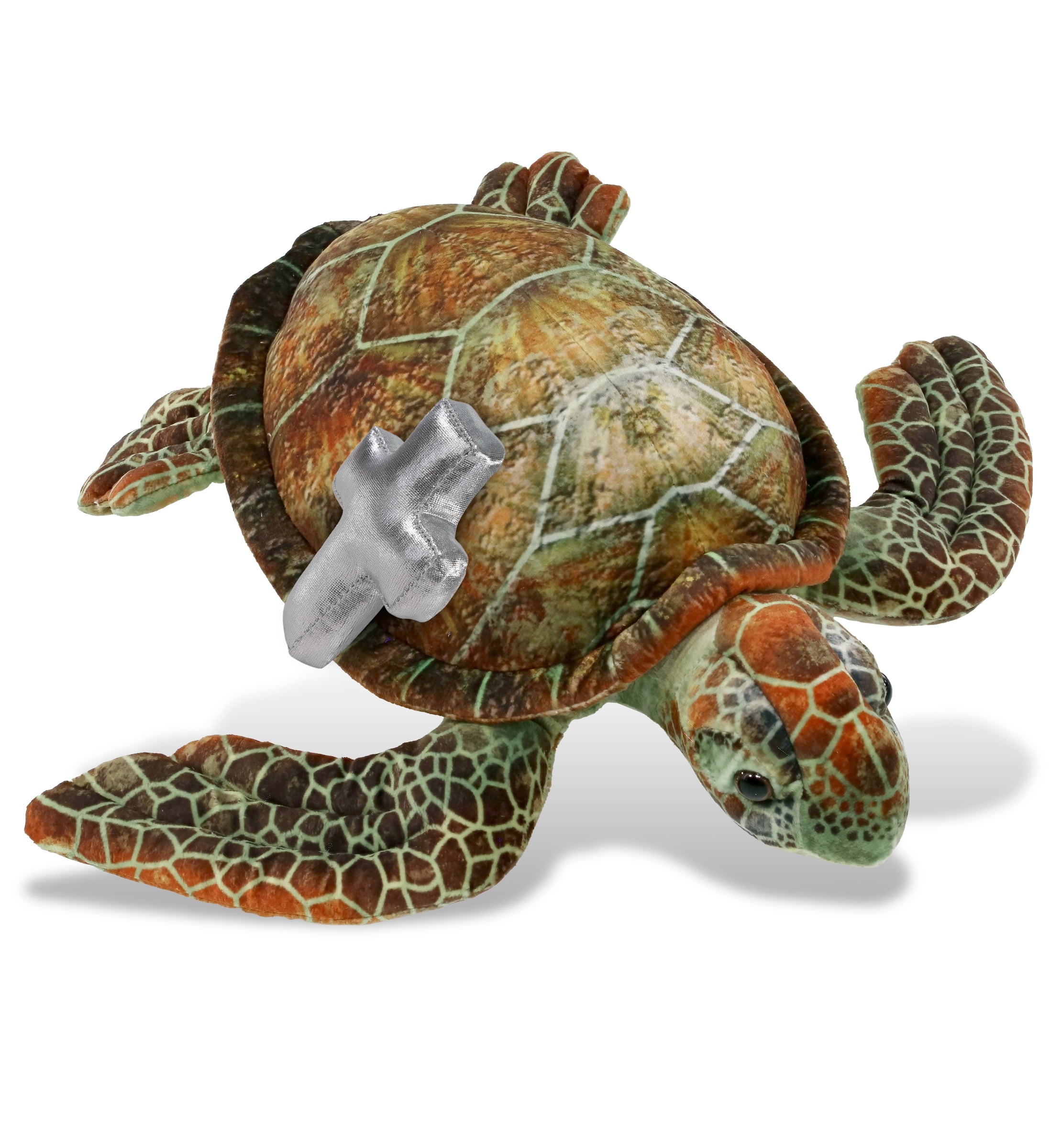 DolliBu Wild Collection Sea Turtle Stuffed Animal with Silver Cross Plush - Baptism Gifts for Boys and Girls, Dedication Christening Gifts Plush Prayer Toy Healing Stuffed Animal - 14 Inches
