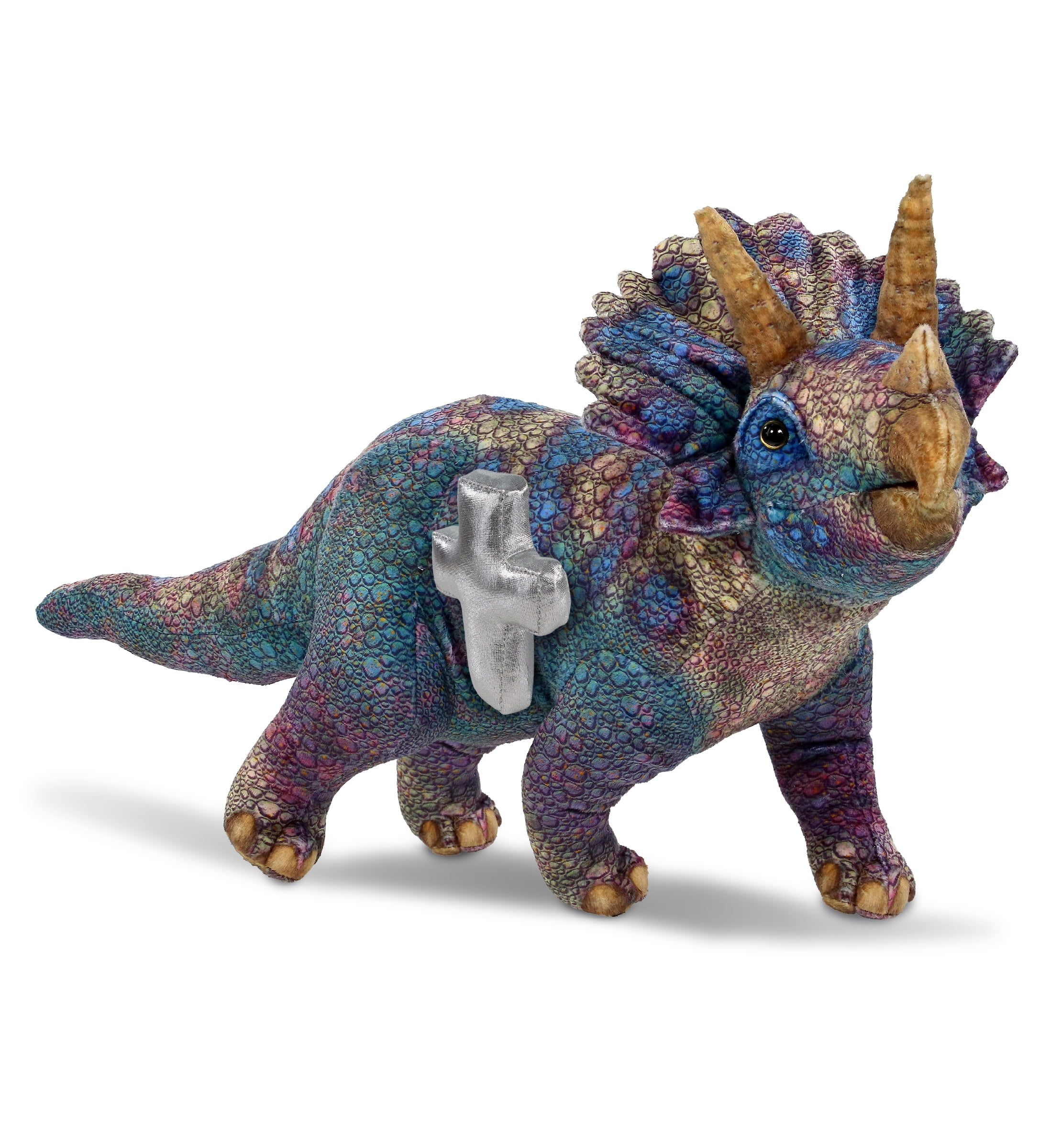 DolliBu Wild Collection Triceratops Dinosaur Stuffed Animal with Silver Cross Plush - Baptism Gifts for Boys and Girls, Dedication Christening Gifts Plush Prayer Toy Healing Stuffed Animal - 23 Inches