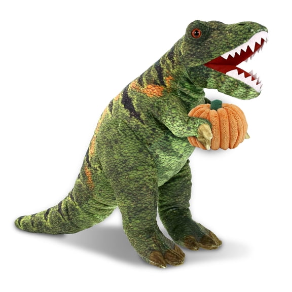 DolliBu Wild Collection Tyrannosaurus Rex Dinosaur Stuffed Animal with Pumpkin Plush Decor - Dinosaur Plush Animal for Fall, Halloween and Thanksgiving, Pumpkin Toy for Baby, Kids, Adults - 16 Inches