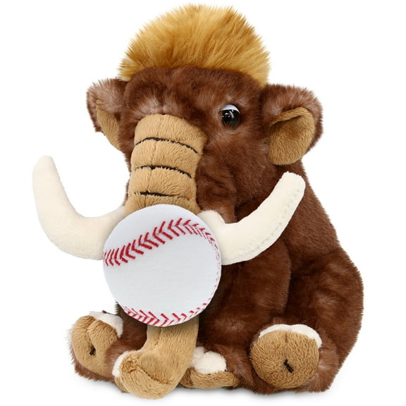 DolliBu Wild Mammoth Stuffed Animal with Baseball Plush - Soft, Huggable Mammoth, Great Gifts for Kids Who Love Baseball, Cute Wild Animal Plush with Plush Baseball Toy for Kids, Adults - 8 Inches