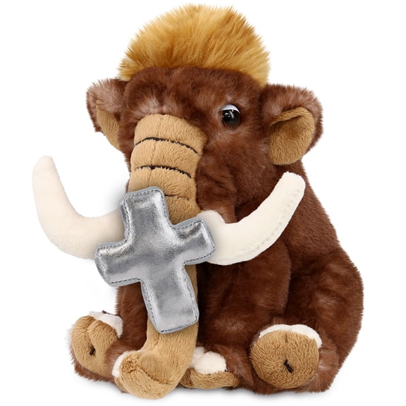 DolliBu Wild Mammoth Stuffed Animal with Silver Cross Plush - Religious Baby Baptism Gifts for Boys and Girls, Cute Baby Dedication Christening Gifts Plush Prayer Toy Healing Teddy - 8 Inches