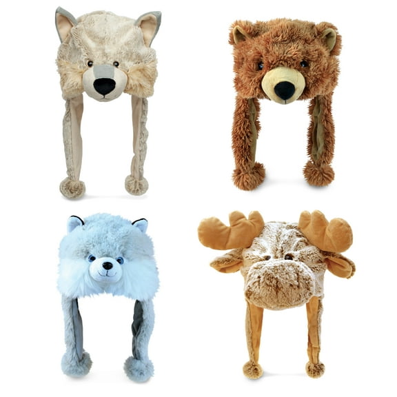 DolliBu Wild Plush Hats Set of 4 Moose, Wolf, Grizzly Bear, and Husky Warm Hat with Ear Flaps, Plush Party Crazy Hat, Stuffed Animal Halloween Costume Toy Hats, Cozy Fleece Winter Hats 1 Size